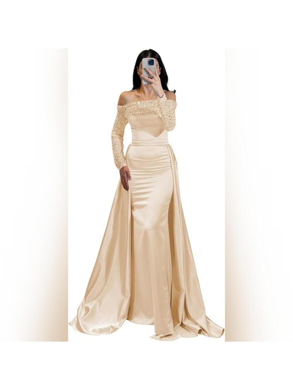 NWOT Molisa Satin Sequin Long Sleeve Off Shoulder With Train Evening Dress, 14